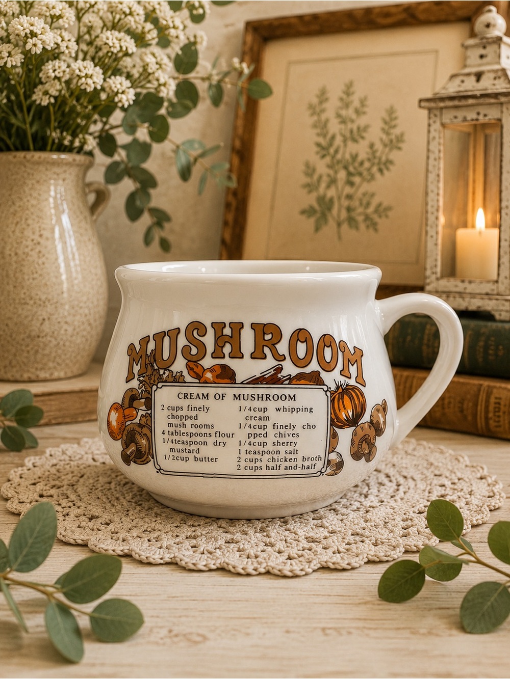 Vintage-Style Cream Mushroom Soup Mug - White